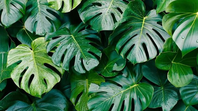 Lush green monstera leaves create a tropical atmosphere in a vibrant garden setting