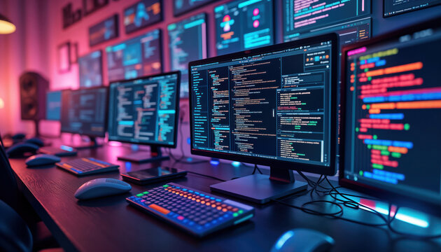 Many computer screens display code. Colorful programming code is visible. Computers, tech equipment are on dark table. Interior tech room filled with many monitors. Work environment for programming.