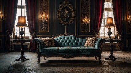 A cinematic scene set in a lavish, decaying room with an antique sofa at the center of classical design.