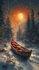 A serene winter scene with a boat filled with presents, under a glowing moon and falling snow.