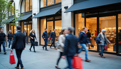 Busy city street scene shows shoppers walking near storefronts. People carry shopping bags. Modern stores with glass facades, stylish interiors visible. City bustle, urban lifestyle highlighted.