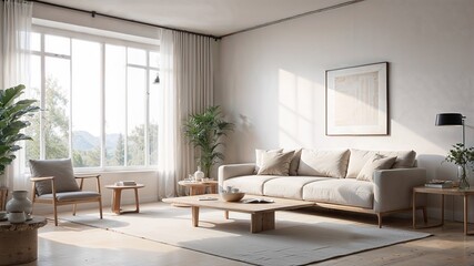 Fototapeta premium Warm minimalist interior design showcasing a serene milk-white wall, a light gray sofa with clean lines, and an ecru beige rug with a soft, inviting texture for a calm and modern ambiance.
