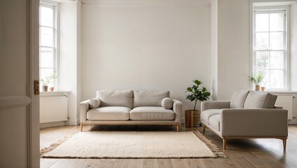 Warm minimalist interior design showcasing a serene milk-white wall, a light gray sofa with clean lines, and an ecru beige rug with a soft, inviting texture for a calm and modern ambiance.