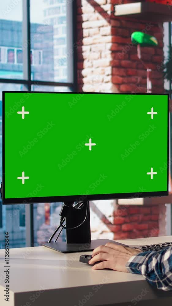 Poster teleworking man in living room home office using chroma key computer to plan business development. r