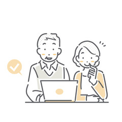 インターネットで申し込みをするシニア夫婦　シンプルでお洒落な線画イラスト