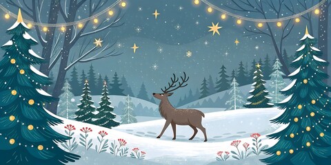 Magical Christmas Banner with Reindeer in Snowy Forest, Festive Holiday Scene