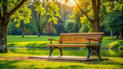 A peaceful wooden bench in a serene park setting, park, nature, solitude, relax, outdoors, green, trees, peaceful