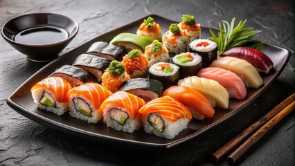 Assorted sushi platter with nigiri and rolls on black ceramic plate, traditional soy sauce , sushi, Japanese cuisine, food, seafood