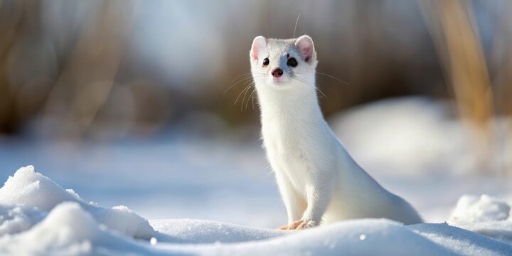 Sleek white ermine standing in the snow, Ermine, Ermellino, Mustela erminea, animal, wildlife, fur, coat, winter, snow, cold, cute