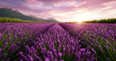 Naklejka premium Vibrant lavender field at sunset