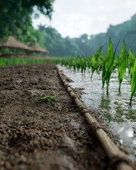 lush green rice field with bamboo path