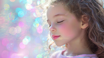 Fototapeta premium Serene child, eyes closed, bathed in soft pastel light, a dreamy, ethereal aura surrounds her, invoking peace and tranquility.