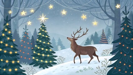 Magical Christmas Banner with Reindeer in Snowy Forest, Festive Holiday Scene
