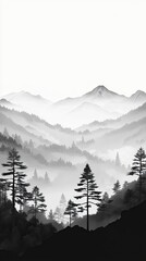 Misty Mountain Landscape With Silhouetted Pine Trees