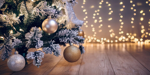 Festive Christmas Tree Ornaments Gold Silver Baubles Wooden Floor Warm Lights