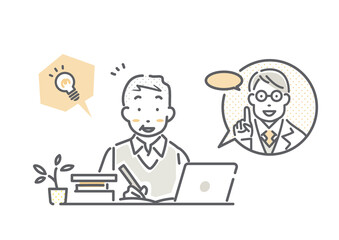 オンライン講座を受講するシニア男性　シンプルでお洒落な線画イラスト