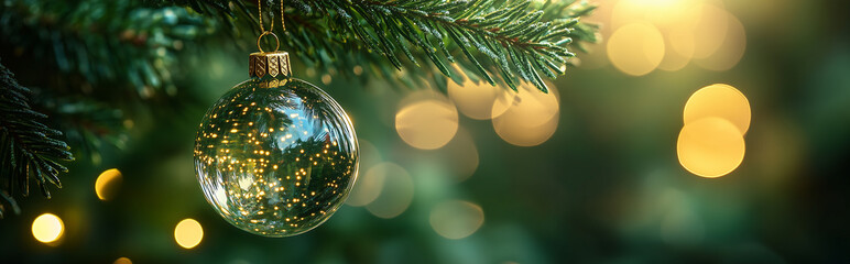 Christmas ball with snow and lights in winter. Christmas banner with space for text. Happy New Year background. Happy Holidays greeting card. Winter Christmas theme.