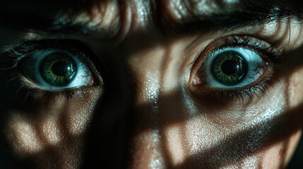 Intense green eyes with water droplets