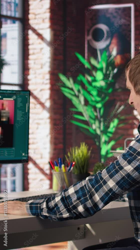 Poster remote employee in home office using ai software turning text prompt into photos. person in apartmen