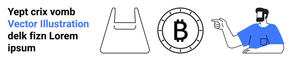 Digital wallet, Bitcoin symbol, person pointing. Ideal for finance, cryptocurrency, digital wallets, online transactions, fintech, modern illustrations, tech-savvy audiences Landing page