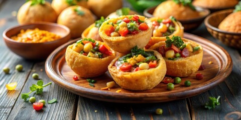 Delicious panipuri street food snack in India with tangy filling and crispy shell, Indian, street food, panipuri, snack