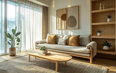 Sunlit living room with beige sofa, wooden coffee table, and minimalist decor.