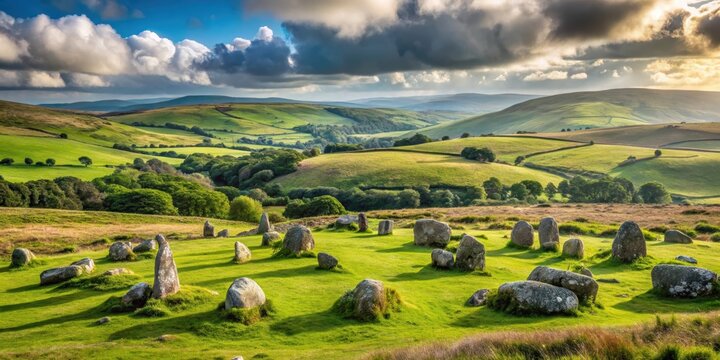 Beautiful landscape of Merrivale Dartmoor Devon, featuring ancient stone circles, lush greenery, and rolling hills