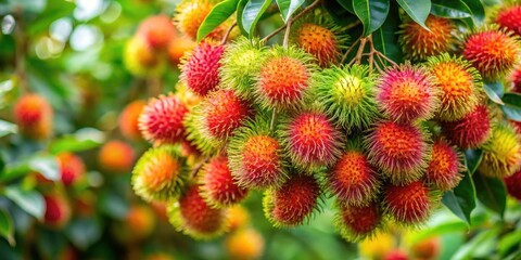 Fototapeta premium Rambutan tree heavy with vibrant ripe fruits , tropical, exotic, agriculture, harvest, sweet, juicy, spiky, red, green, leafy