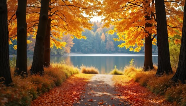 Autumnal pathway winds through golden forest towards serene lake. Vibrant fall colors carpet ground with orange, yellow leaves. Tall trees line path creating natural archway. Calm water reflects - Powered by Adobe