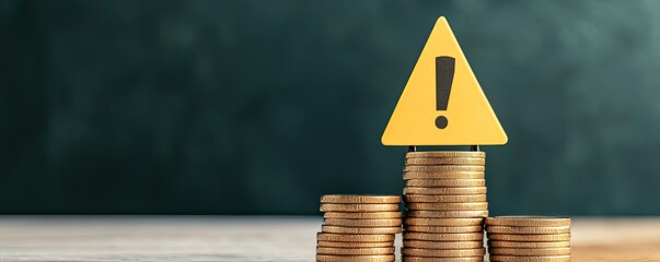 Recession unemployment concept. A warning sign over a stack of coins emphasizes financial caution and risk awareness.