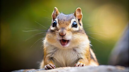 Obraz premium Happy chipmunk with shocked expression and open mouth , surprised, cute, furry, animal, small, rodent, wildlife, nature