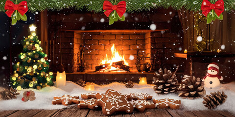 Cozy Christmas Fireplace Snow Tree Gingerbread Cookies