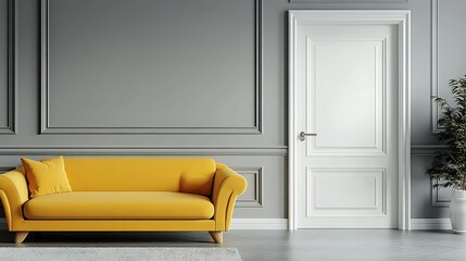 Yellow sofa in gray room with white door.