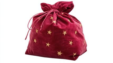 A simple red velvet Christmas sack with a drawstring, slightly open to reveal golden stars inside, on a transparent background