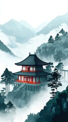 Obraz premium Serene Temple Amidst Misty Mountain Peaks
