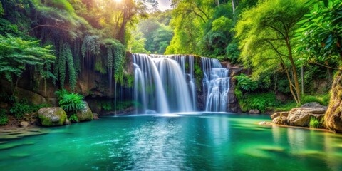 Serene waterfall cascading into a tranquil pool surrounded by lush greenery, waterfall, serene, cascading, tranquil