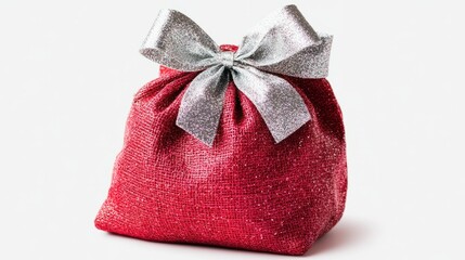 A small red Christmas sack with glitter accents, tied with a silver bow, isolated on a transparent background