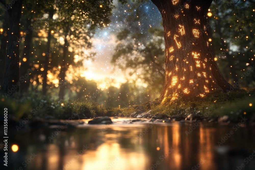 Poster Serene Moonlit Forest with Towering Ancient Trees Illuminated by Soft Glows and Mystical Symbols