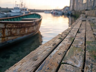 Obraz premium Rustic wooden dock overlooking a harbor at sunset