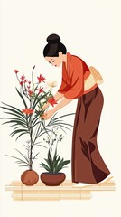Woman in Kimono Arranging Flowers in Pots