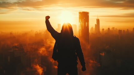 Fototapeta premium Victory gesture, silhouette of raised fist, symbolizing strength, triumph, powerful expression of overcoming challenges, embodying spirit of victory, resilience in single, dynamic pose.
