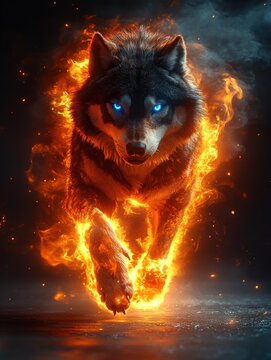 A wolf is running through a fire, with its eyes glowing blue