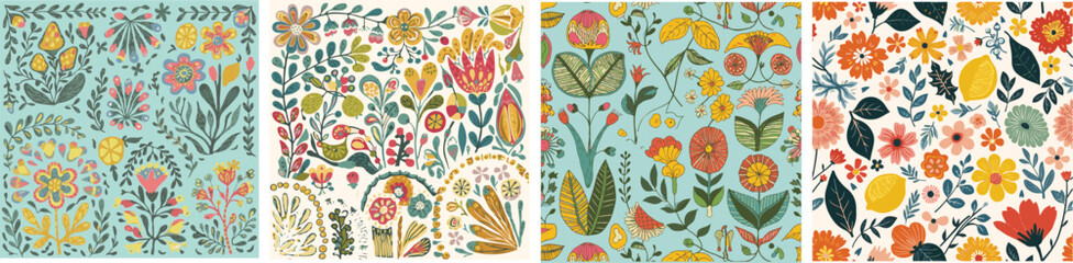 Floral pattern with bright colorful small flowers and some fruits