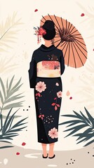 Woman in Kimono Back View Holding Parasol