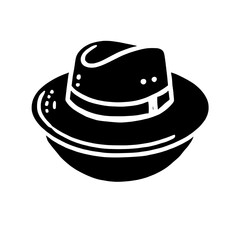 Black and White Fedora Hat Icon: A stylish and classic fedora hat, depicted in a simple yet striking black and white silhouette, perfect for branding, fashion, and lifestyle projects.  