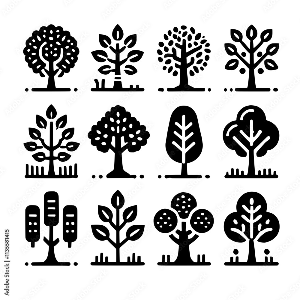 Poster tree icons: a collection of minimalist tree icons perfect for your next project. these simple yet el