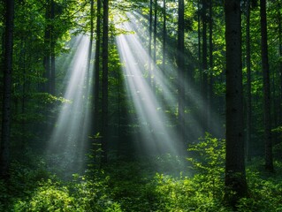 Obraz premium Sunlight streaming through lush green forest