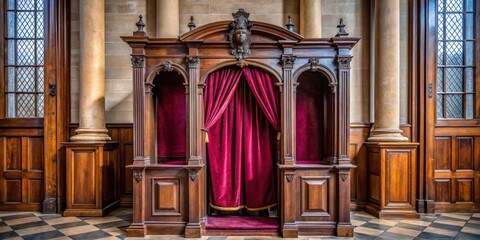 Ornate wooden confessional booth with velvet curtains in a historic church , confessional, wooden, ornate