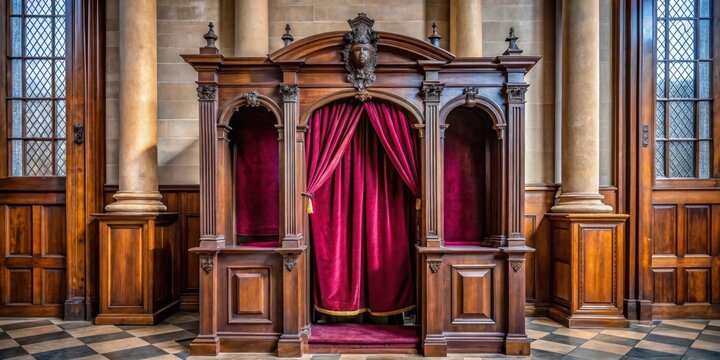Ornate wooden confessional booth with velvet curtains in a historic church , confessional, wooden, ornate