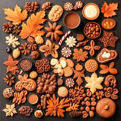 Autumnal cookies, cocoa, spices, and fall leaves arranged on a dark surface.